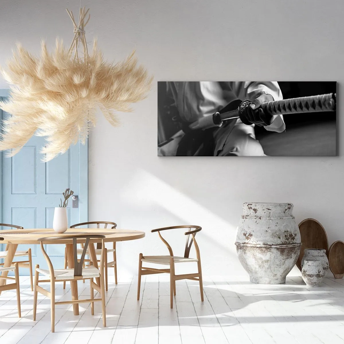 Obraz na płótnie - Samuraj w kimono trzymający katanę w czarno-białej tonacji - 140x50cm - Dusza wojownika - Nowoczesna dekoracja ścienna do salonu i sypialni ARTTOR