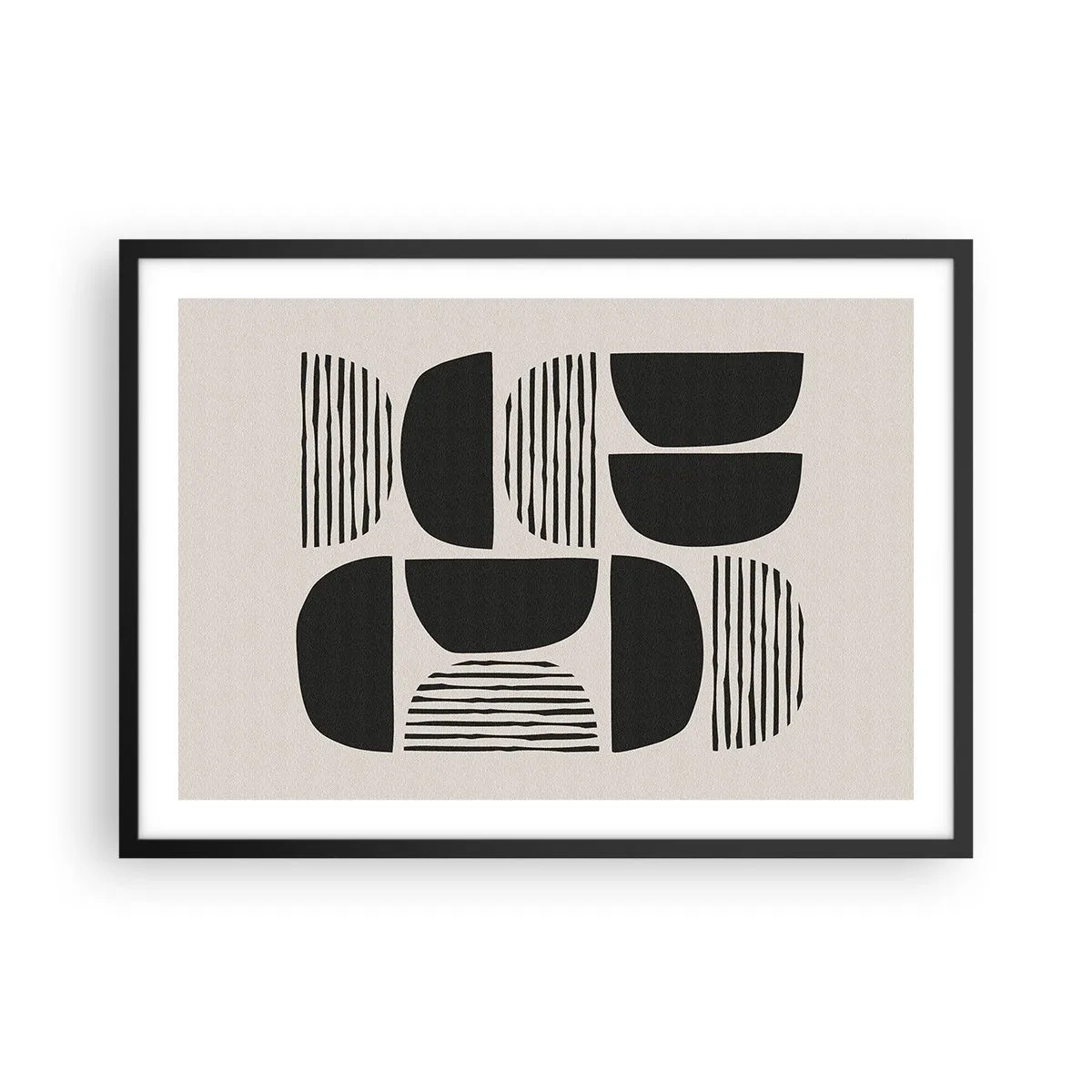 Plakat w czarnej ramie - Geometria z półkolami i liniami w czerni na jasnym tle - 70x50cm - Połowiczne układy - Nowoczesna dekoracja ścienna do salonu i sypialni ARTTOR