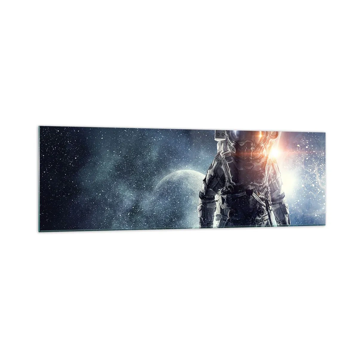 Obraz na szkle - Astronauta na tle kosmosu i planety Ziemi - 160x50cm - Kosmiczna przygoda - Nowoczesna dekoracja ścienna do salonu i sypialni ARTTOR