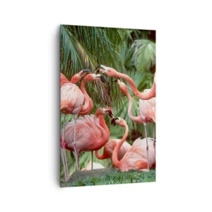 Obraz na płótnie - Grupa flamingów w tropikalnym otoczeniu palm - 80x120cm - Popołudniowe ploteczki - Nowoczesna dekoracja ścienna do salonu i sypialni ARTTOR