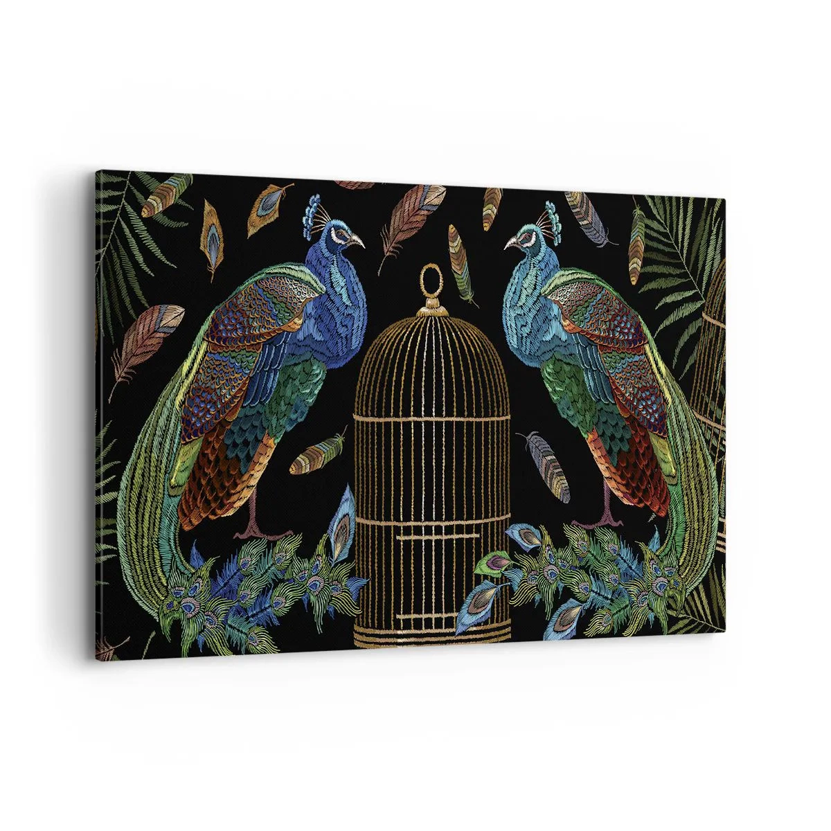 Obraz na płótnie - Pawie przy złotej klatce na czarnym tle - 120x80cm - W królewskich szatach - Nowoczesna dekoracja ścienna do salonu, kuchni i sypialni ARTTOR