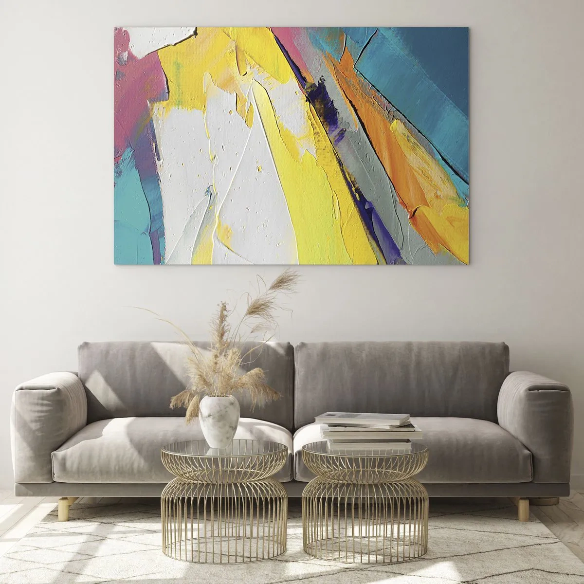 Obraz na szkle - Abstrakcyjne pociągnięcia pędzla w żółci, błękicie i bieli - 70x50cm - Anatomia światła - Nowoczesna dekoracja ścienna do salonu i sypialni ARTTOR