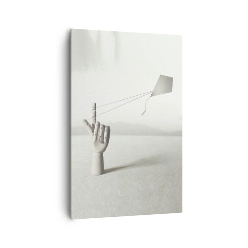 Obraz na płótnie - Minimalistyczna ręka drewniana z latawcem na tle pejzażu - 80x120cm - Próba sił - Nowoczesna dekoracja ścienna do salonu i sypialni ARTTOR