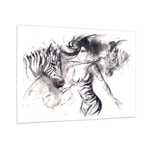 Obraz na szkle - Czarno-biała kompozycja z kobietą i zebrą w artystycznym stylu - 100x70cm - Tańcząca z zebrami - Nowoczesna dekoracja ścienna do salonu, kuchni i sypialni ARTTOR