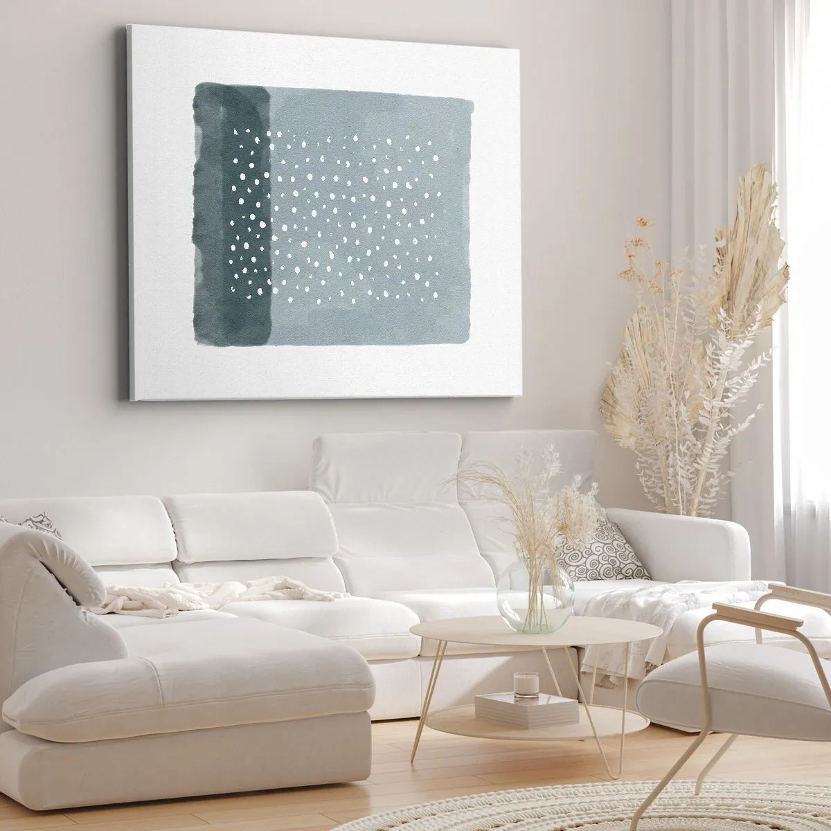 Obraz na płótnie - Minimalistyczny obraz w odcieniach błękitu z kropkami - 70x50cm - Wyrosłe na błękicie - Nowoczesna dekoracja ścienna do salonu i sypialni ARTTOR