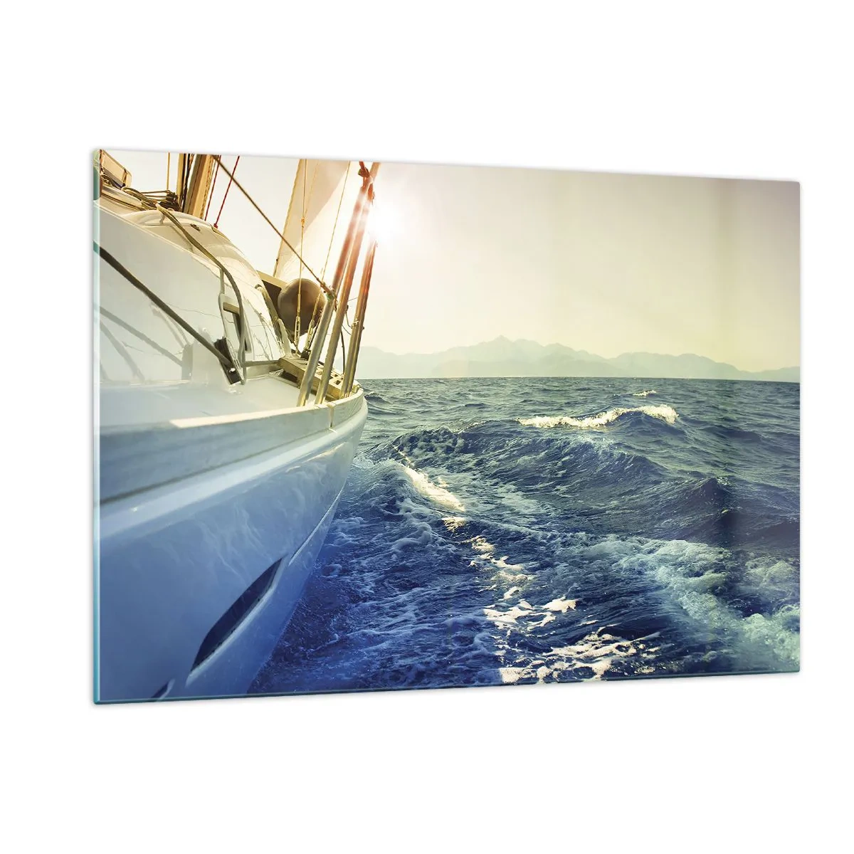 Obraz na szkle - Żaglówka na spokojnym morzu w świetle zachodzącego słońca - 120x80cm - Po przygodę - Nowoczesna dekoracja ścienna do salonu, kuchni i sypialni ARTTOR