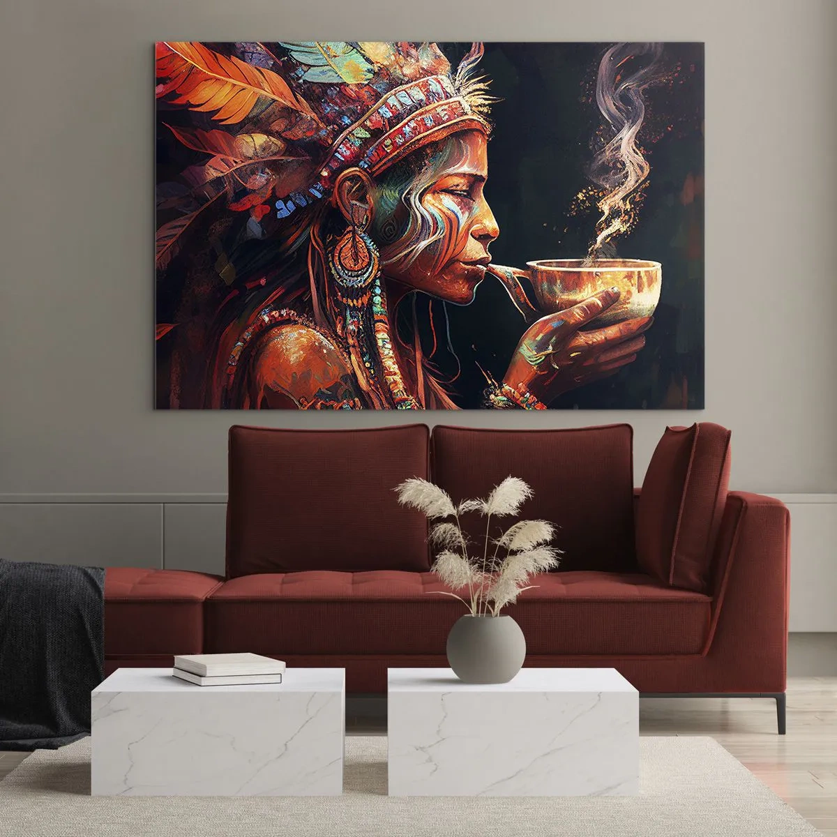 Obraz na szkle - Postać w pióropuszu pijąca napar w mistycznej atmosferze - 70x50cm - Magiczny rytuał - Nowoczesna dekoracja ścienna do salonu i sypialni ARTTOR