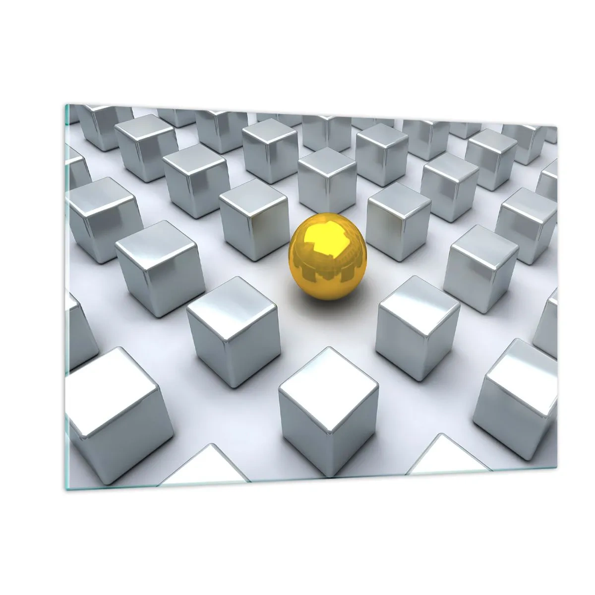 Obraz na szkle - Złota kula otoczona srebrnymi sześcianami - 120x80cm - Dlaczego ja? Kompozycja geometryczna - Nowoczesna dekoracja ścienna do salonu, kuchni i sypialni ARTTOR