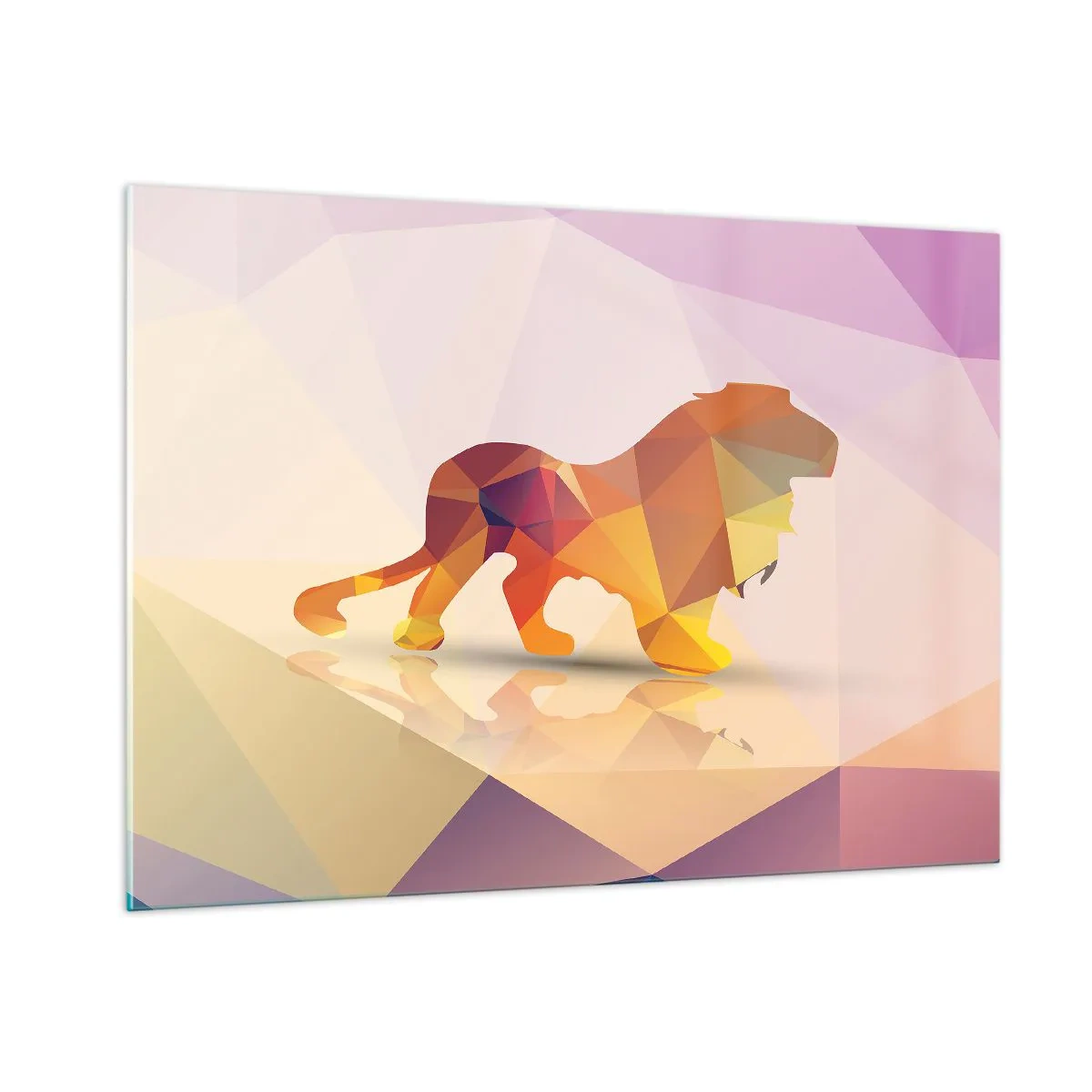 Obraz na szkle - Geometryczny lew w kolorowej abstrakcji - 100x70cm - Diamentowy król - Nowoczesna dekoracja ścienna do salonu, kuchni i sypialni ARTTOR