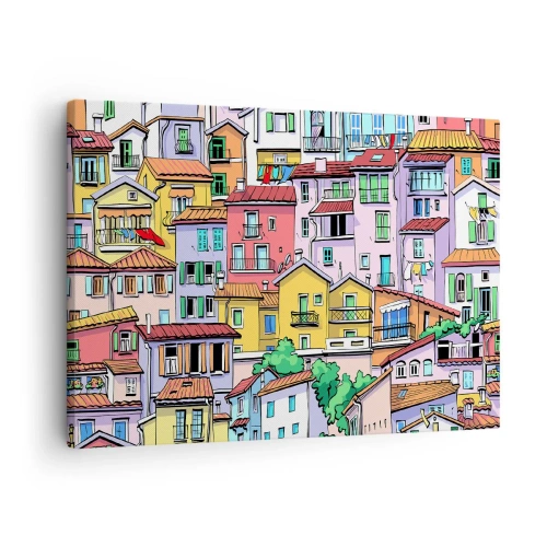 Obraz na płótnie - Kolorowe kamienice w żywej, radosnej stylistyce - 70x50cm - Wesołe miasto - Nowoczesna dekoracja ścienna do salonu i sypialni ARTTOR