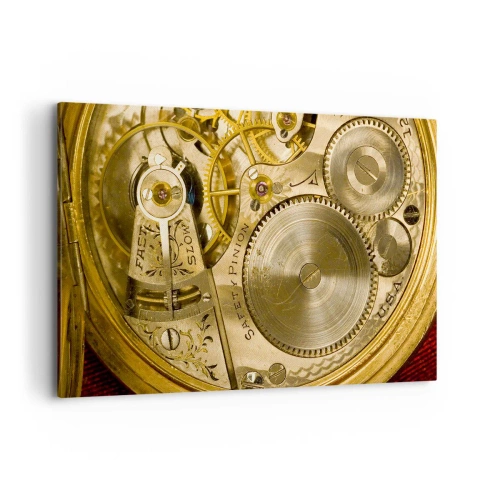 Obraz na płótnie - Mechanizm zegarka z widocznymi zębatkami i detalami - 120x80cm - Idź z duchem czasu - Nowoczesna dekoracja ścienna do salonu, kuchni i sypialni ARTTOR