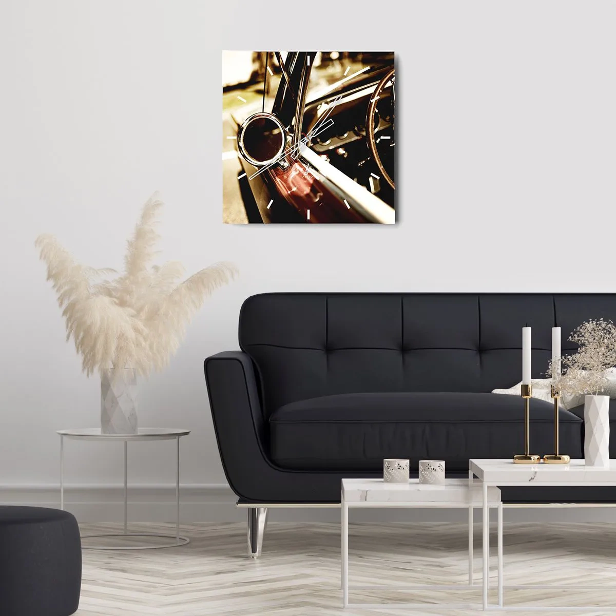 Zegar ścienny - Zbliżenie na lusterko i wnętrze klasycznego samochodu retro - 30x30cm - Auto z duszą - Nowoczesna dekoracja ścienna do salonu i sypialni ARTTOR