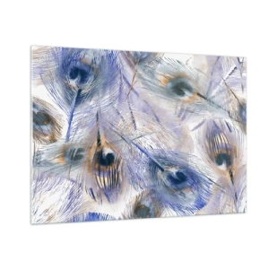 Obraz na szkle - Delikatne pióra pawia w odcieniach niebieskiego i brązu - 100x70cm - Pawiooka kompozycja - Nowoczesna dekoracja ścienna do salonu, kuchni i sypialni ARTTOR