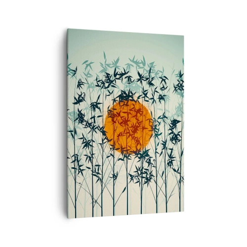 Obraz na płótnie - Pomarańczowe słońce wśród bambusowych gałęzi - 70x100cm - Japońskie słońce - Nowoczesna dekoracja ścienna do salonu i sypialni ARTTOR