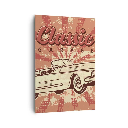 Obraz na płótnie - Retro plakat z klasycznym samochodem i napisem Classic Garage - 70x100cm - A w radiu Elvis - Nowoczesna dekoracja ścienna do salonu i sypialni ARTTOR