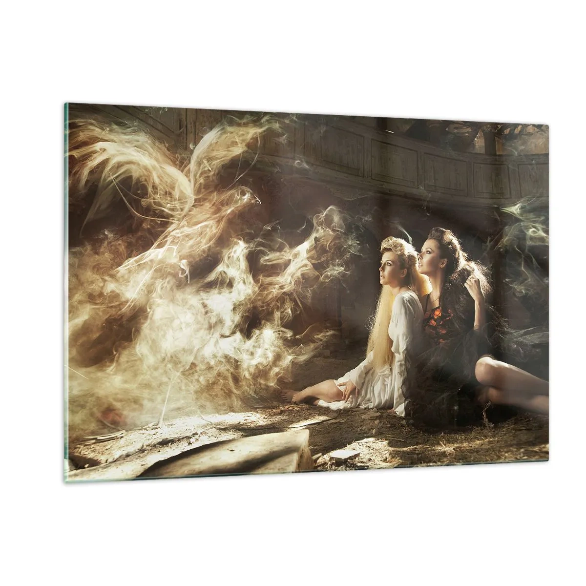 Obraz na szkle - Dwie kobiety z ognistym feniksem w magicznej scenerii - 120x80cm - I stała się poezja - Nowoczesna dekoracja ścienna do salonu, kuchni i sypialni ARTTOR