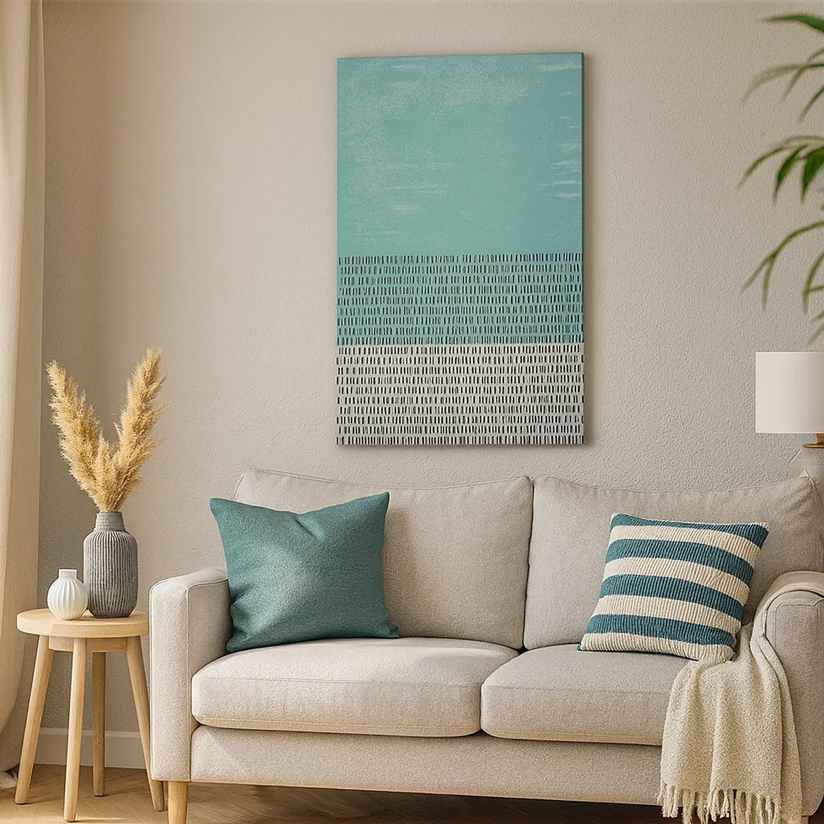 Obraz na płótnie - Abstrakcyjna kompozycja w odcieniach turkusu i szarości z geometrycznym wzorem - 50x70cm - Kompozycja zrównoważona - Nowoczesna dekoracja ścienna do salonu, kuchni i sypialni ARTTOR