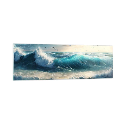 Obraz na szkle - Morskie fale na plaży pod błękitnym niebem z mewami - 160x50cm - Szumi tylko dla ciebie - Nowoczesna dekoracja ścienna do salonu i sypialni ARTTOR