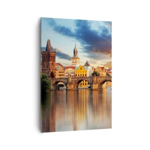Obraz na płótnie - Zabytkowy most nad rzeką w świetle zachodzącego słońca - 70x100cm - Piękna od wieków - Nowoczesna dekoracja ścienna do salonu i sypialni ARTTOR