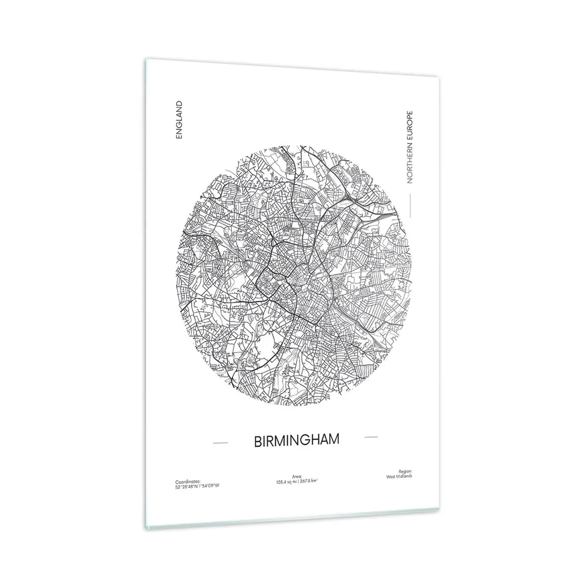 Obraz na szkle - Czarno-biała mapa Birmingham w nowoczesnym stylu graficznym - 50x70cm - Anatomia Birmingham - Nowoczesna dekoracja ścienna do salonu, kuchni i sypialni ARTTOR