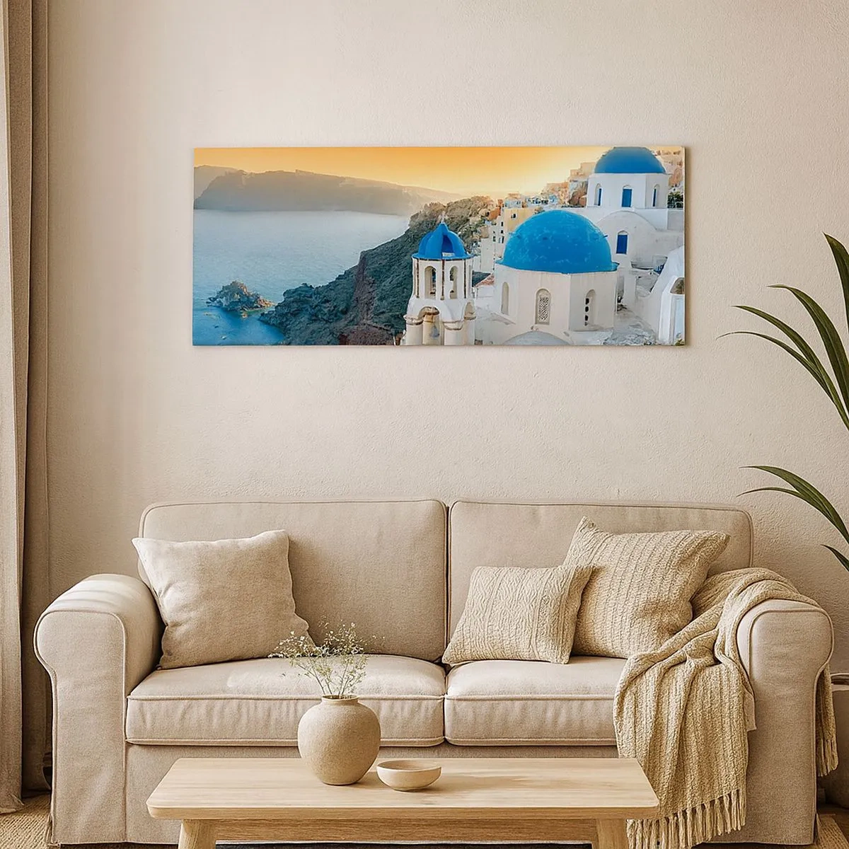 Obraz na płótnie - Santorini - przytulone do skał - 100x40 cm