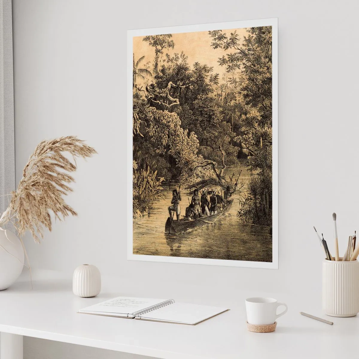 Plakat - Rycina z tropikalnym lasem i łodzią na rzece - 50x70cm - Wyprawa do źródła - Nowoczesna dekoracja ścienna do salonu, kuchni i sypialni ARTTOR