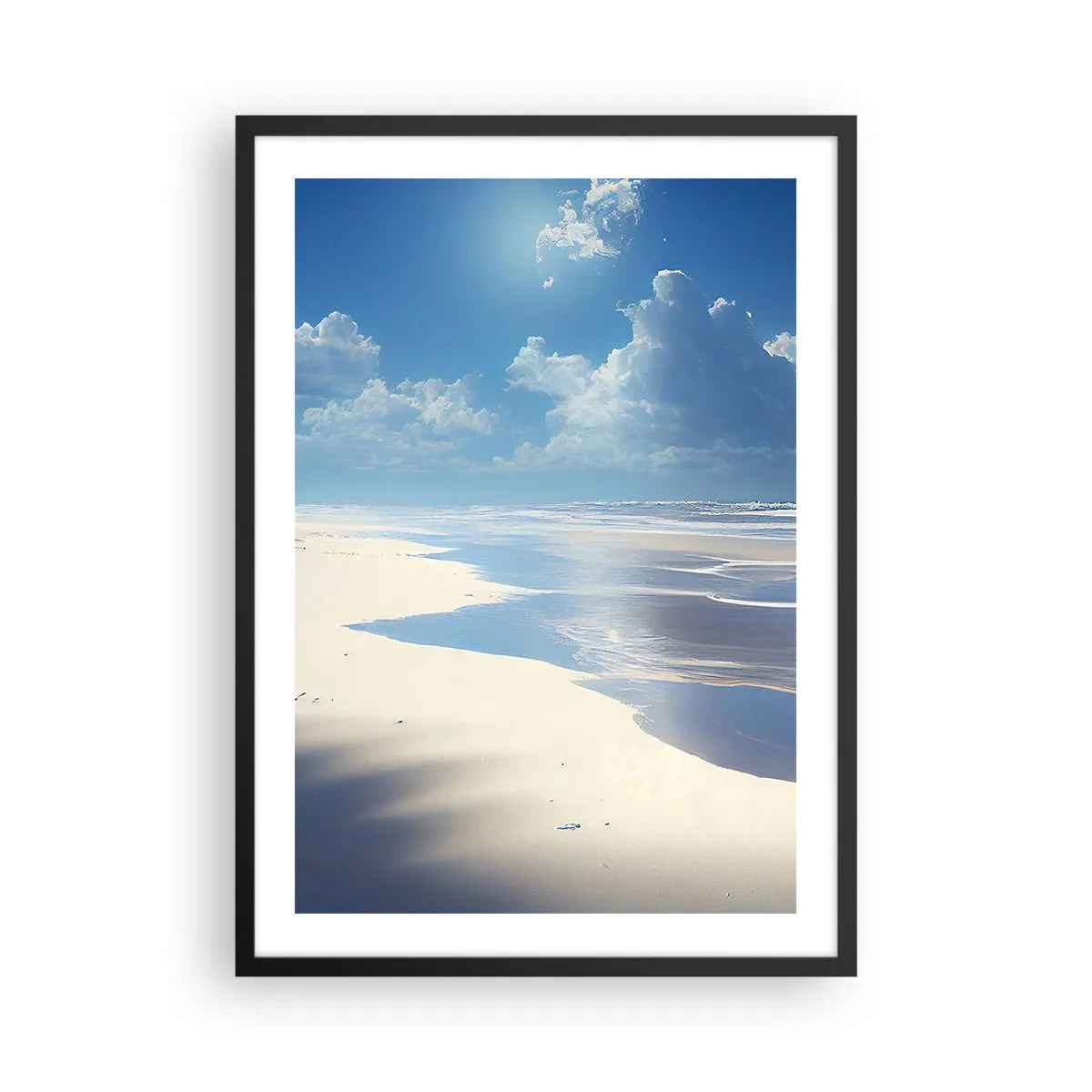 Plakat w czarnej ramie - Słoneczna plaża z odbiciem nieba na wodzie - 50x70cm - Rajskie wakacje - Nowoczesna dekoracja ścienna do salonu i sypialni ARTTOR