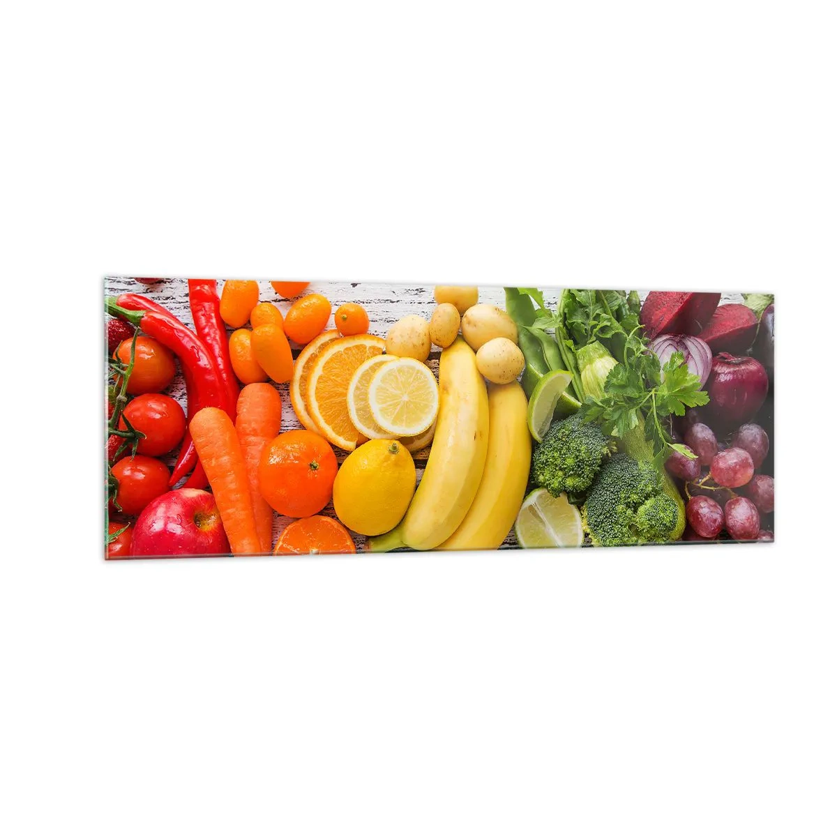 Obraz na szkle - Kolorowe owoce i warzywa na drewnianym tle - 140x50cm - To nie wystarczy? - Nowoczesna dekoracja ścienna do salonu i sypialni ARTTOR