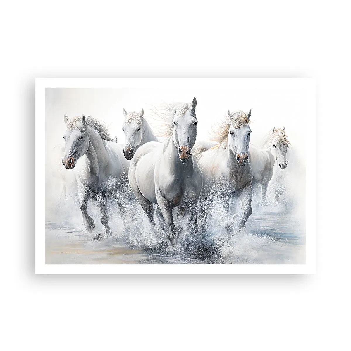 Plakat - Białe konie galopujące przez wodę - 100x70cm - Biała magia - Nowoczesna dekoracja ścienna do salonu i sypialni ARTTOR