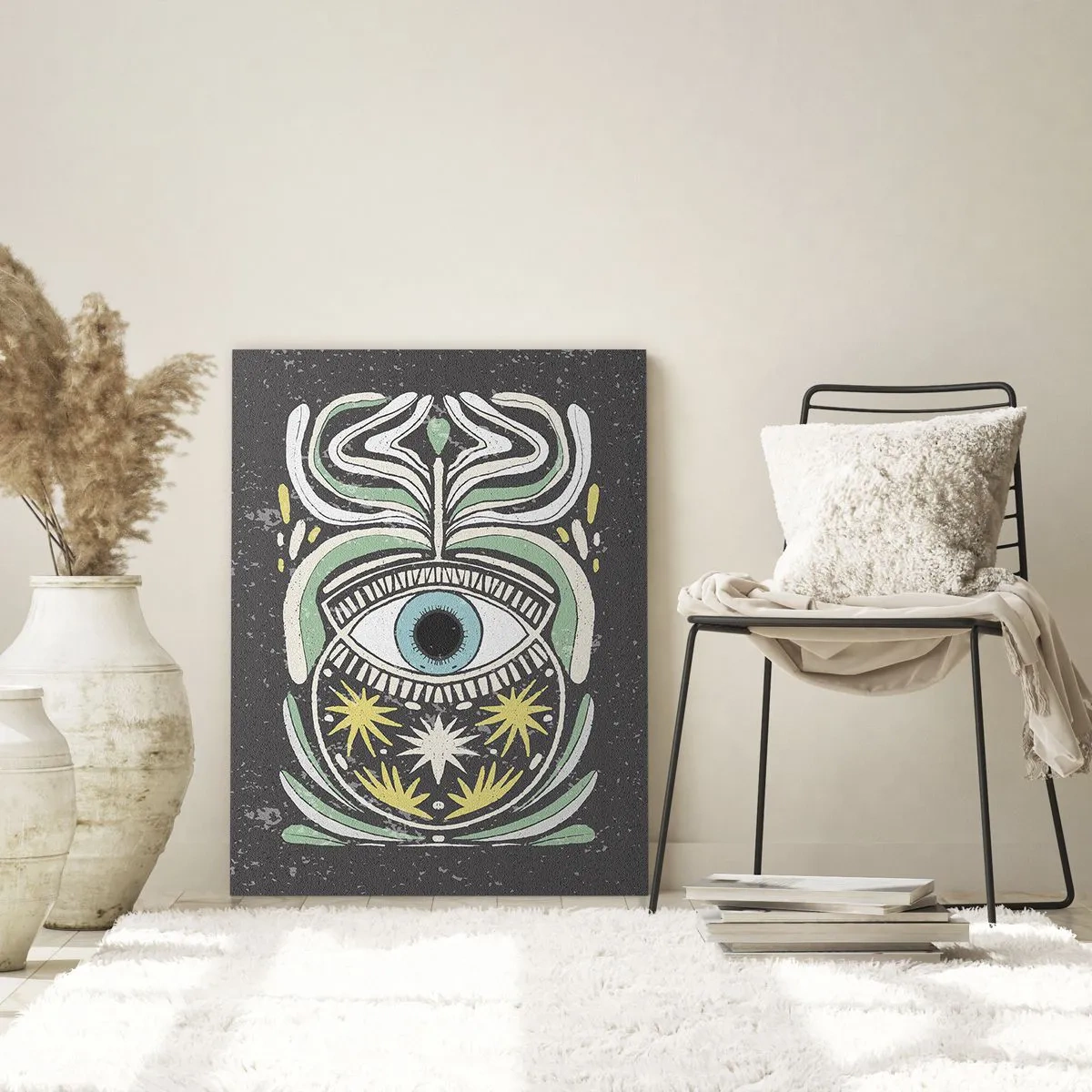 Obraz na szkle - Graficzne oko z ornamentyką plemienną na ciemnym tle - 50x70cm - Plemienne rytuały - Nowoczesna dekoracja ścienna do salonu, kuchni i sypialni ARTTOR