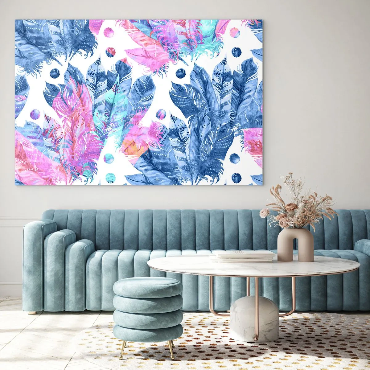 Obraz na szkle - Kolorowe pióra w odcieniach różu i błękitu na białym tle - 70x50cm - Pióropusze w różu i błękicie - Nowoczesna dekoracja ścienna do salonu i sypialni ARTTOR
