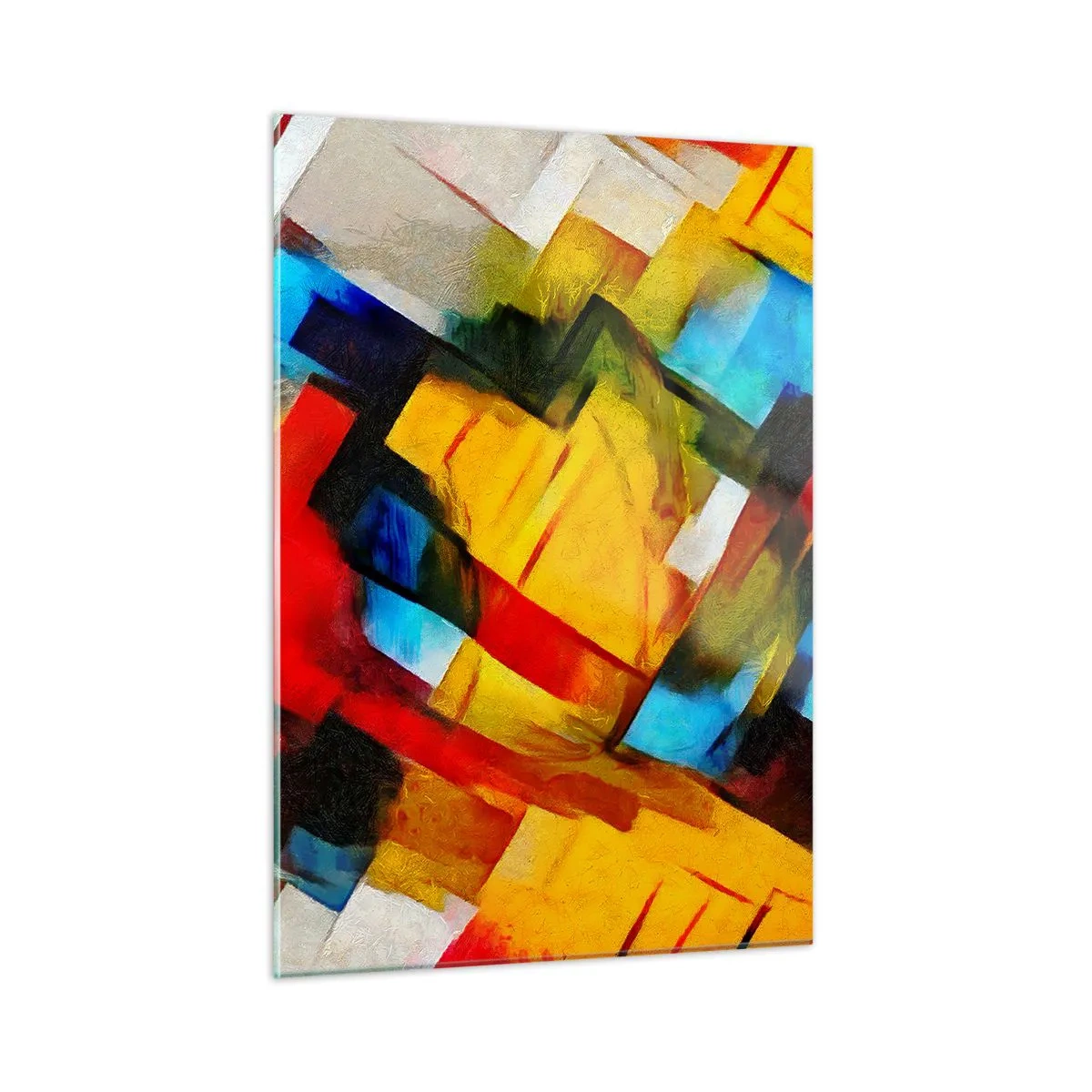 Obraz na szkle - Abstrakcyjna kompozycja geometrycznych kształtów - 50x70cm - Różnobarwny przekładaniec - Nowoczesna dekoracja ścienna do salonu, kuchni i sypialni ARTTOR