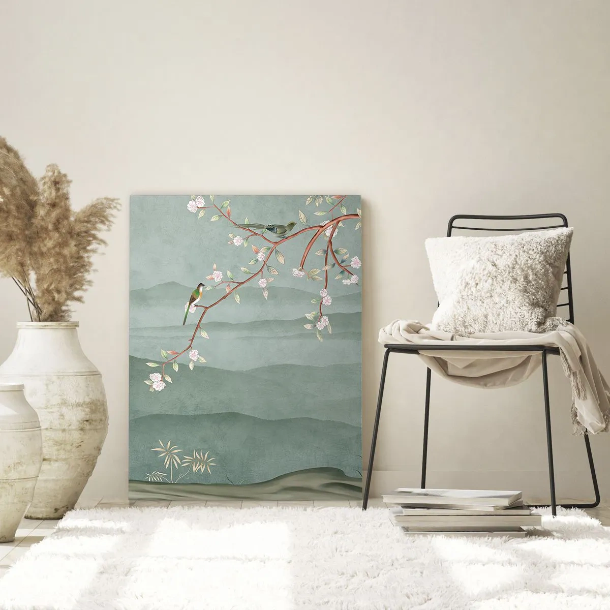 Obraz na szkle - Malowniczy obraz gałęzi kwitnącego drzewa z ptakami na tle zielonych wzgórz - 70x100cm - Wiosna, ach, to ty - Nowoczesna dekoracja ścienna do salonu i sypialni ARTTOR