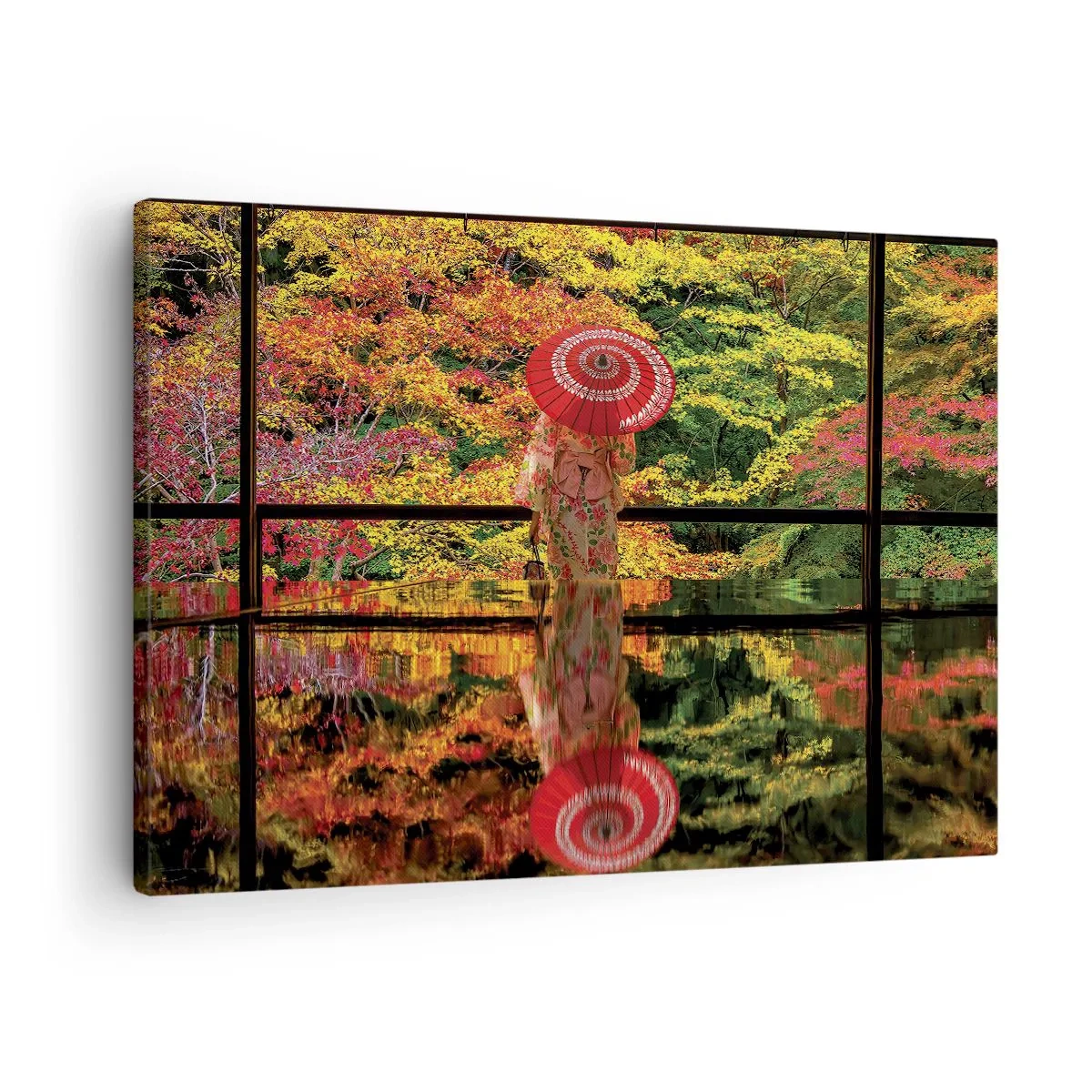 Obraz na płótnie - Kobieta w kimonie z parasolem na tle jesiennego krajobrazu - 70x50cm - W świątyni natury - Nowoczesna dekoracja ścienna do salonu i sypialni ARTTOR