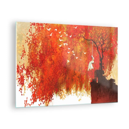 Obraz na szkle - Czerwone liście, samotne drzewo i ptaki na tle jesiennej sceny - 70x50cm - Poleci z nimi? - Nowoczesna dekoracja ścienna do salonu i sypialni ARTTOR