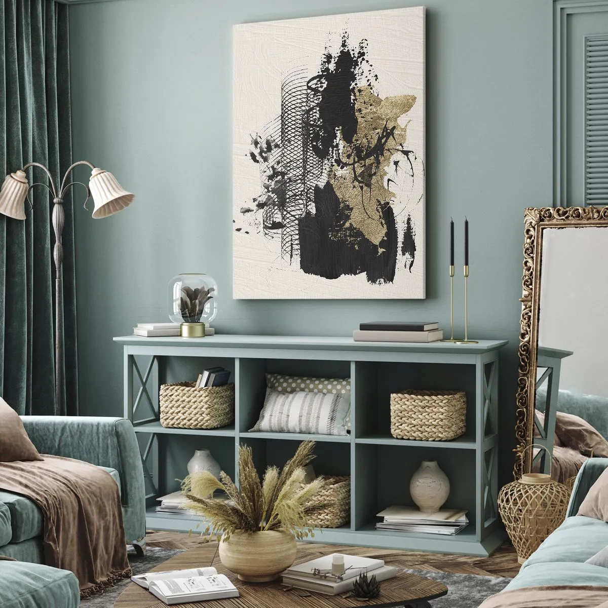 Obraz na płótnie - Abstrakcyjna kompozycja w czerni i złocie o dynamicznym charakterze - 50x70cm - Kompozycja z pasją - Nowoczesna dekoracja ścienna do salonu, kuchni i sypialni ARTTOR