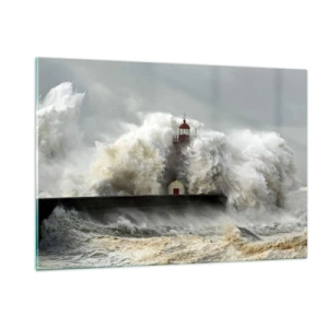 Obraz na szkle - Latarnia morska otoczona potężnymi falami - 120x80cm - Gniew oceanu - Nowoczesna dekoracja ścienna do salonu, kuchni i sypialni ARTTOR