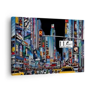 Obraz na płótnie - Tętniące życiem miasto z kolorowymi reklamami i żółtymi taksówkami - 70x50cm - Komiksowa wielka noc - Nowoczesna dekoracja ścienna do salonu i sypialni ARTTOR
