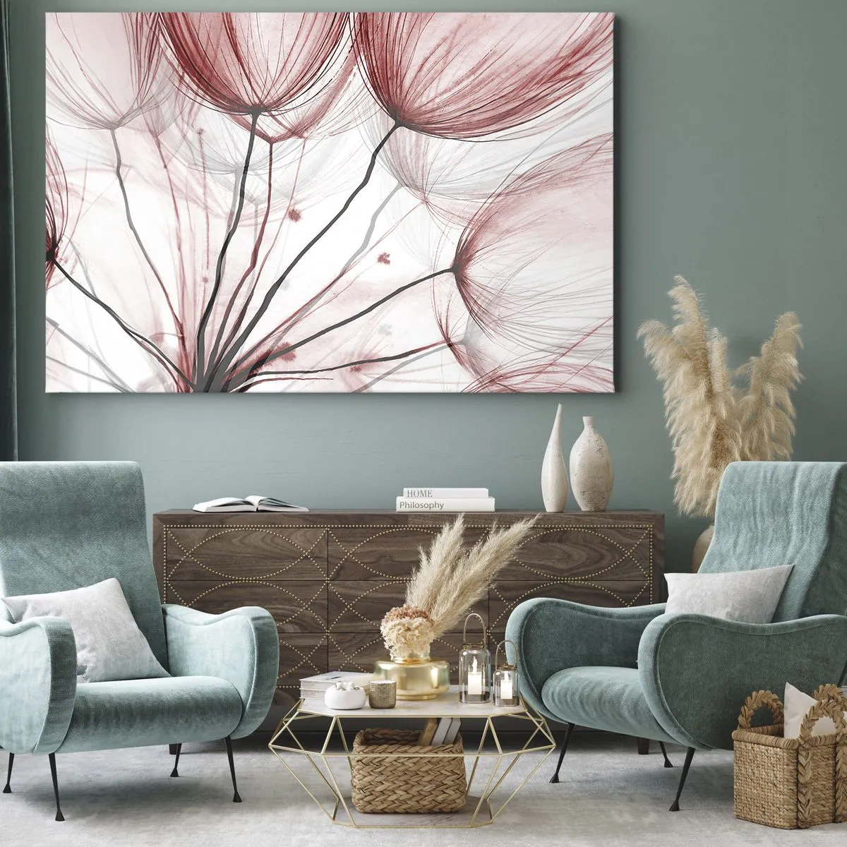 Obraz na płótnie - Delikatne kwiaty w odcieniach czerwieni na jasnym tle - 70x50cm - Przed odlotem - Nowoczesna dekoracja ścienna do salonu i sypialni ARTTOR
