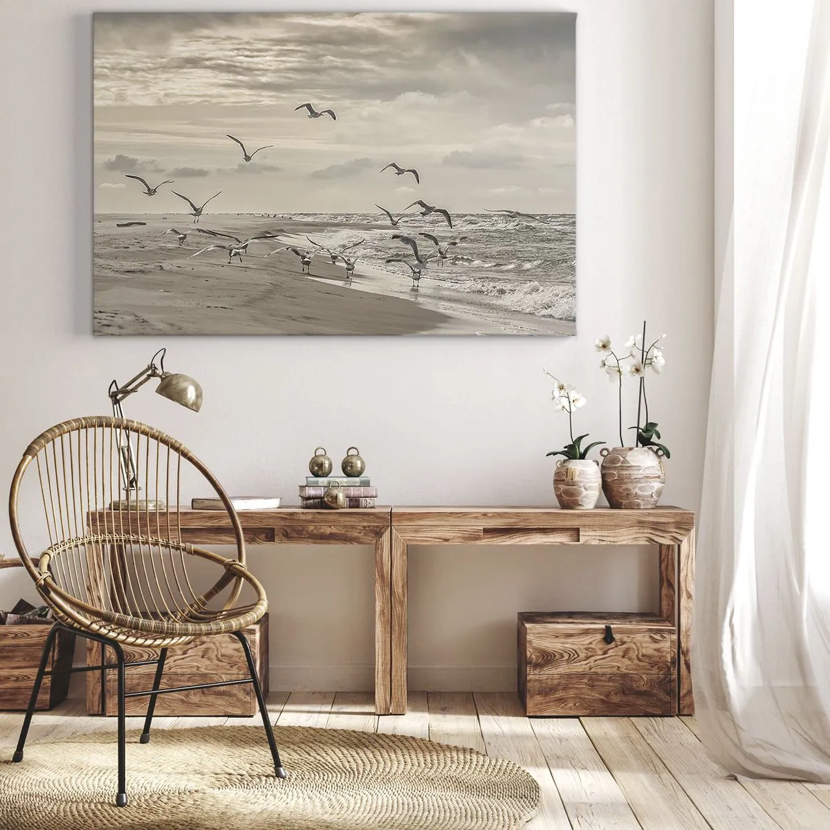 Obraz na płótnie - Mewa w locie nad nadmorskim krajobrazem - 70x50cm - Morza szum, ptaków śpiew - Nowoczesna dekoracja ścienna do salonu i sypialni ARTTOR