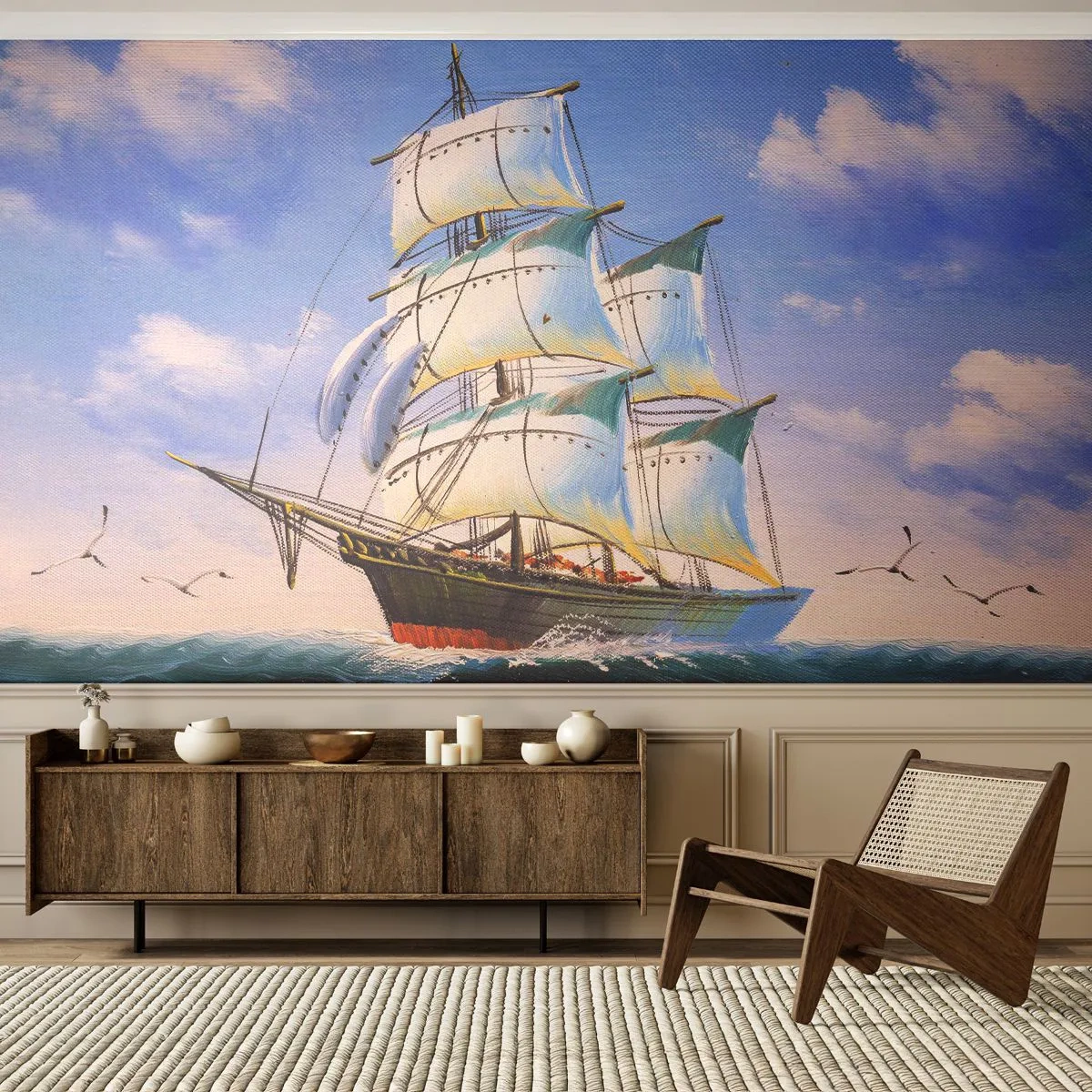 Fototapeta Premium Sand - Żaglowiec na pełnym morzu pod białymi żaglami - 100x70cm - Dumnie z wiatrem - Nowoczesna dekoracja ścienna do salonu, kuchni i sypialni ARTTOR