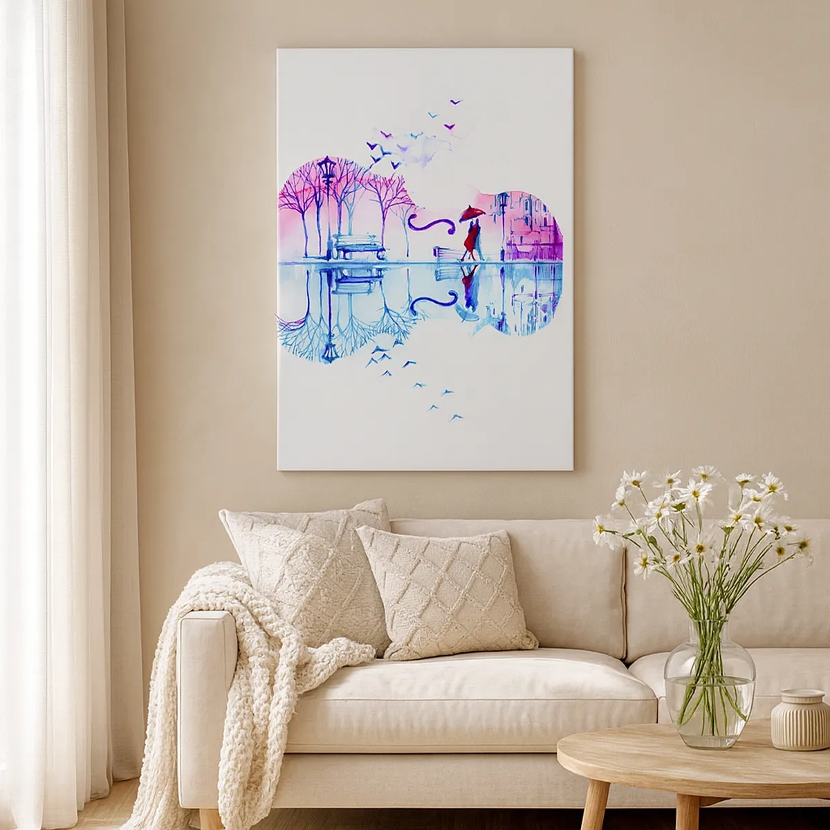 Obraz na płótnie - Romantyczna akwarela przedstawiająca pejzaż ukryty w konturze skrzypiec - 50x70cm - Kantyczki deszczu wam przyniosę - Nowoczesna dekoracja ścienna do salonu, kuchni i sypialni ARTTOR