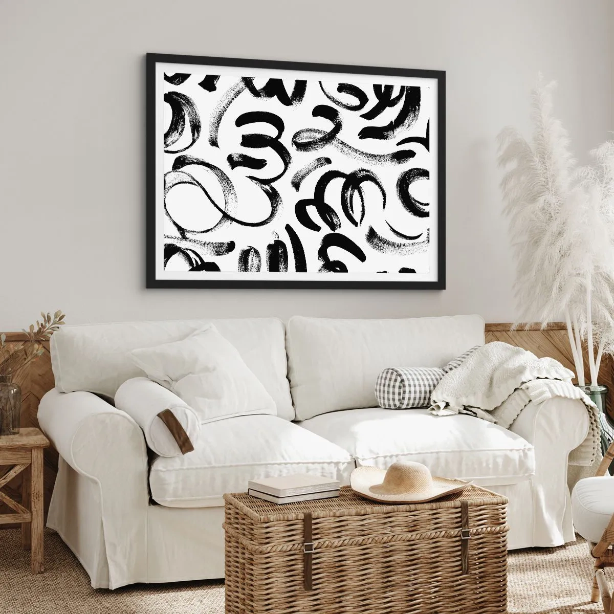 Plakat w czarnej ramie - Czarne abstrakcyjne pociągnięcia pędzlem na białym tle - 100x70cm - Czarno na białym - Nowoczesna dekoracja ścienna do salonu i sypialni ARTTOR