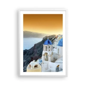 Plakat w białej ramie - Santorini - przytulone do skał - 50x70 cm