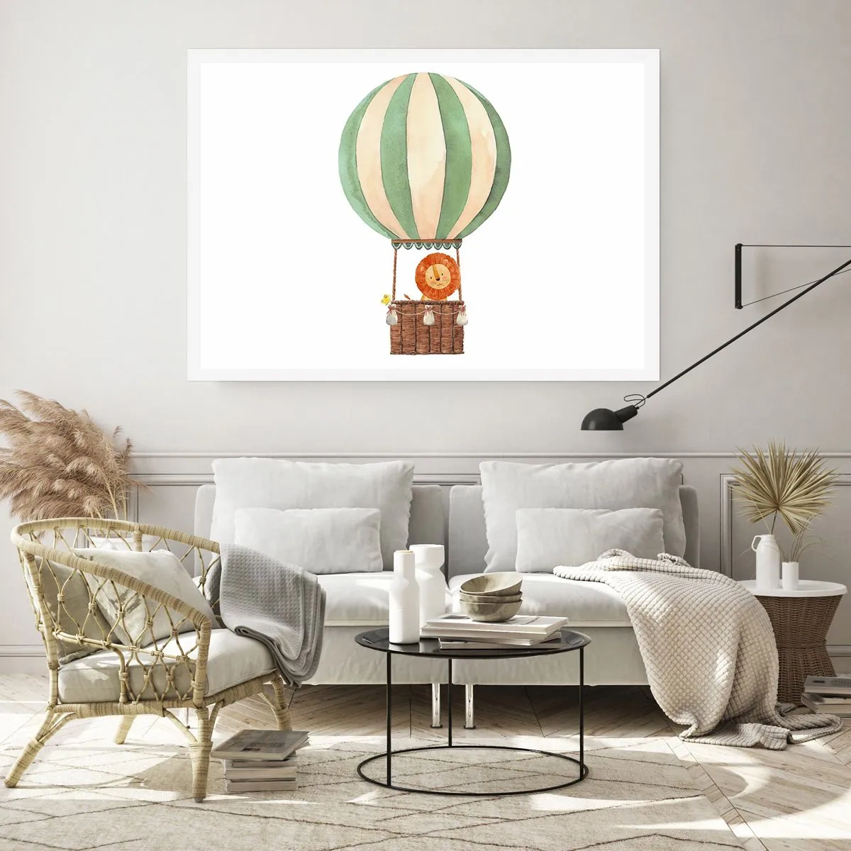 Plakat - Balon z uśmiechniętym lwem w koszu w pastelowych barwach - 100x70cm - Podróże Leona - Nowoczesna dekoracja ścienna do salonu i sypialni ARTTOR