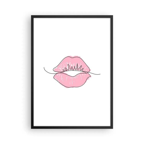 Plakat w czarnej ramie - Ilustracja minimalistyczna przedstawiająca różowe usta na białym tle - 50x70cm - Gotowy do pocałunku? - Nowoczesna dekoracja ścienna do salonu i sypialni ARTTOR