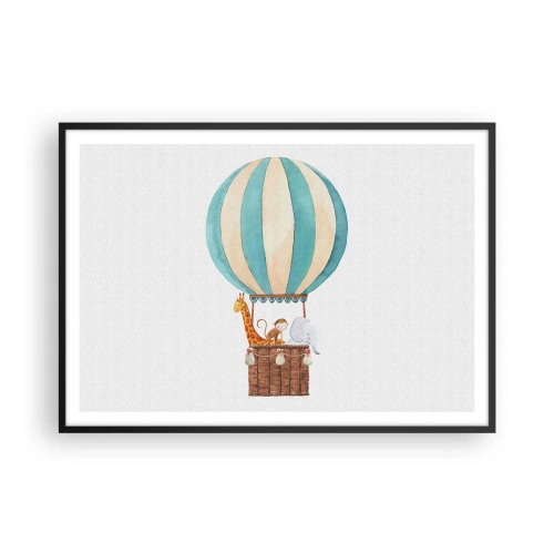 Plakat w czarnej ramie - Balon z uroczymi zwierzętami w pastelowych barwach - 100x70cm - Fantastyczna wycieczka - Nowoczesna dekoracja ścienna do salonu i sypialni ARTTOR