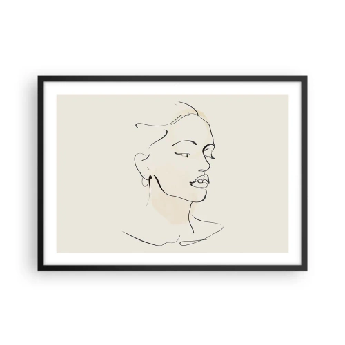 Plakat w czarnej ramie - Delikatny szkic kobiecej twarzy na jasnym tle - 70x50cm - Pewną kreską - Nowoczesna dekoracja ścienna do salonu i sypialni ARTTOR