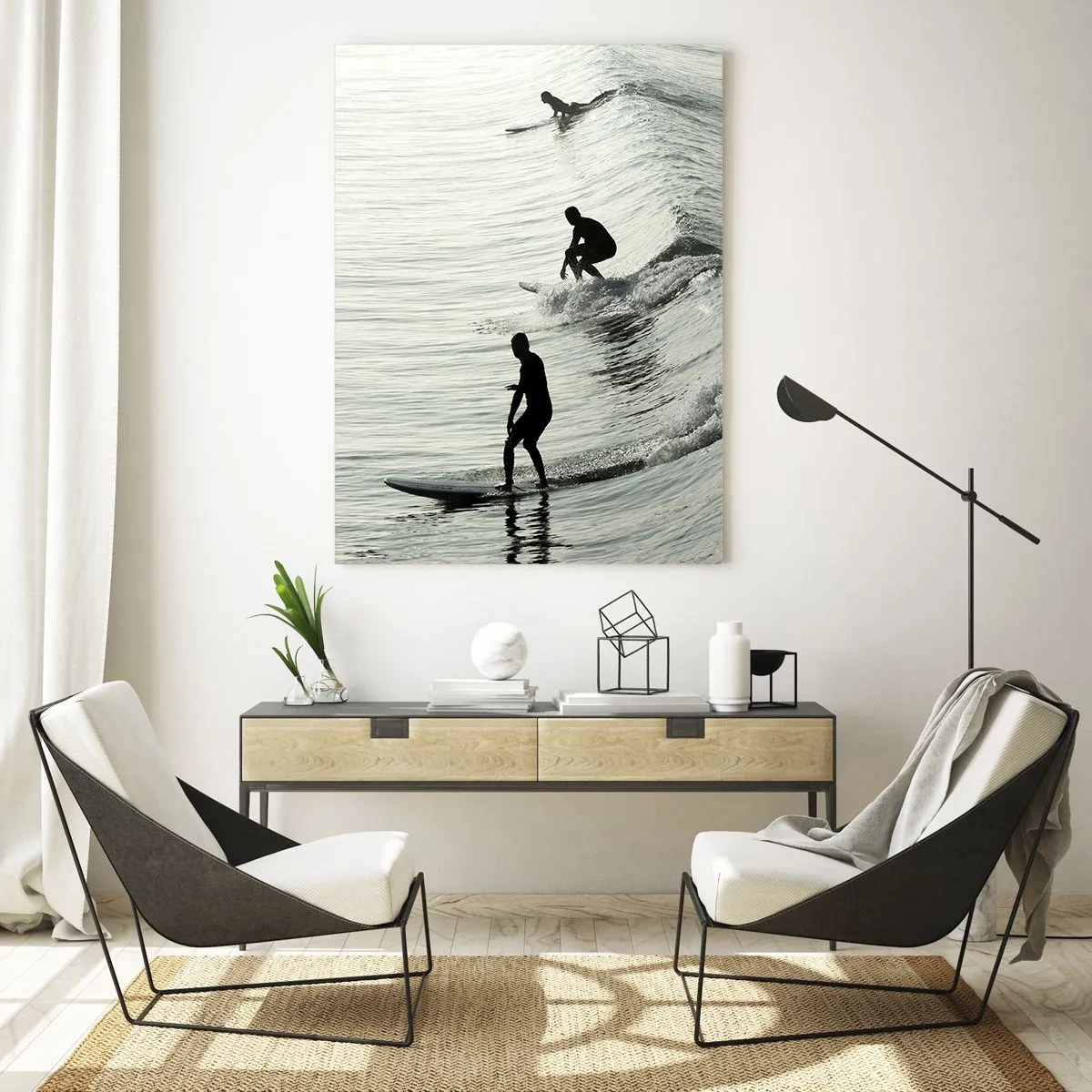 Obraz na szkle - Trzech surferów płynących na falach o poranku - 50x70cm - Na spotkanie fali - Nowoczesna dekoracja ścienna do salonu, kuchni i sypialni ARTTOR