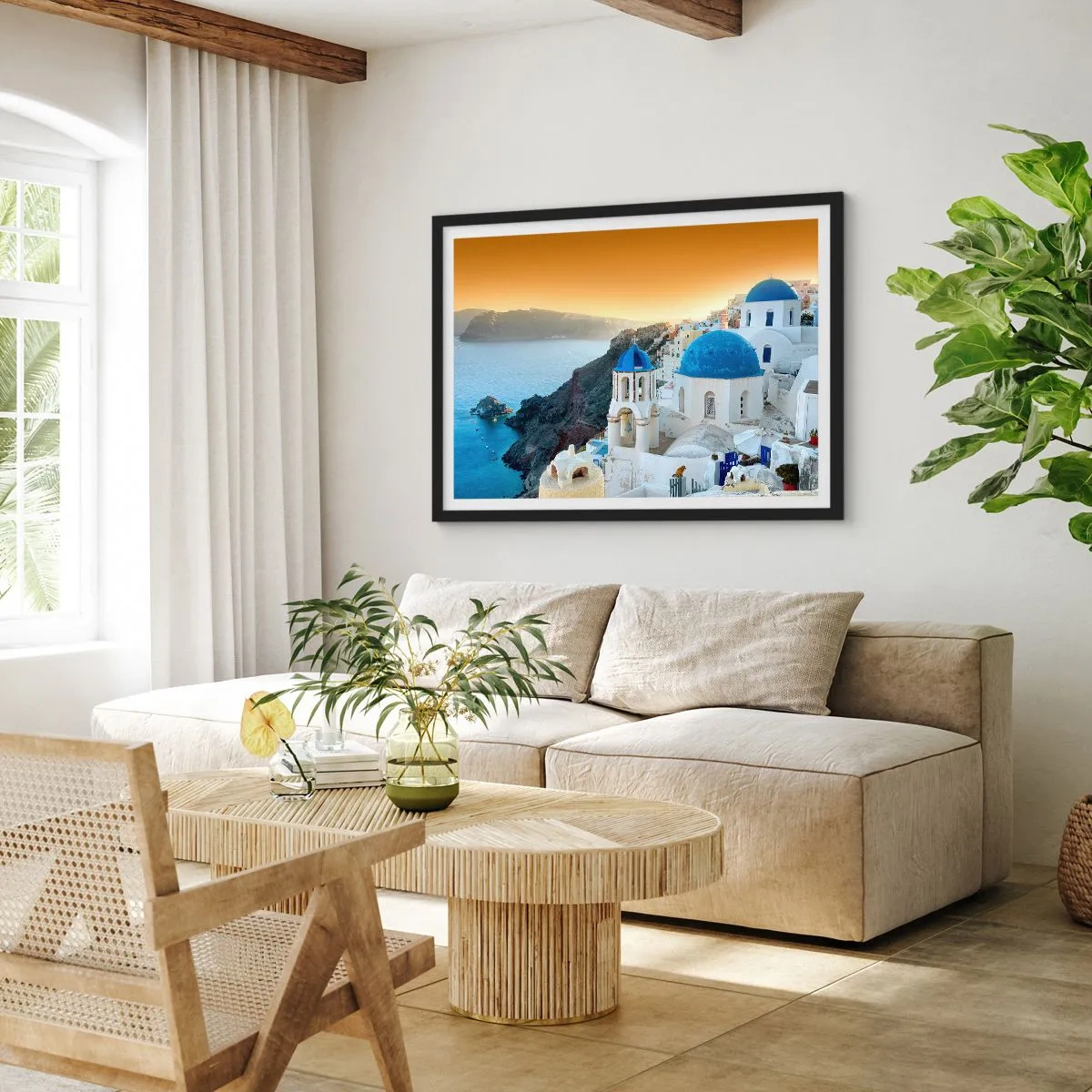 Plakat w czarnej ramie - Santorini - przytulone do skał - 40x30 cm